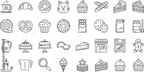 Hand Drawn Bakery and Dessert Icon Set with Donuts Cupcakes Bread Cookies Cakes and Sweet Treats Outline Vector Collection