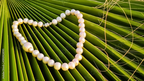 Simple pearl necklace resting on green palm leaves in sunlight during the day showing beauty and elegance in natural setting