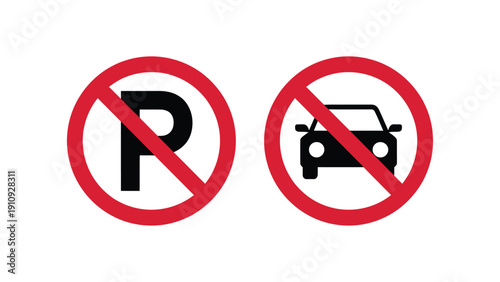 no parking and no car prohibition signs with red circle and crossed symbols isolated on white background traffic warning icons
