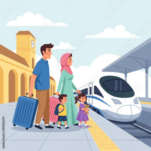 Family with luggage waiting at a high speed train platform