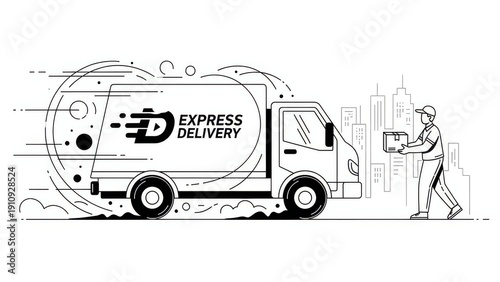 Express Delivery Truck and Courier Delivering Package in City