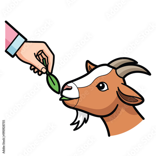 Hand feeding a goat a leaf, an illustration of a domesticated animal being cared for