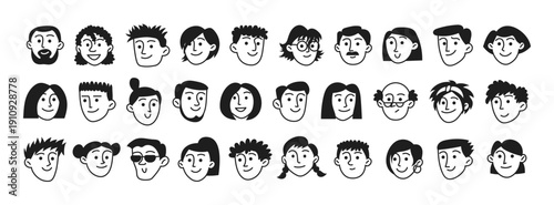 Doodle set of human faces, peoples heads. Sketches of woman, man, facial expressions, emotions. Diversity people isolated on white