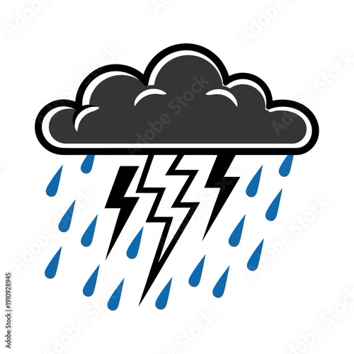 A dramatic thunderstorm illustration with lightning and rain falling from a dark cloud