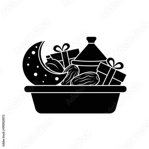 Black silhouette of an eid hamper with moon and stars