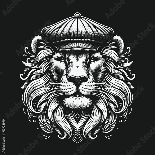 Lion with a newsboy cap: A symbol of strength and style.