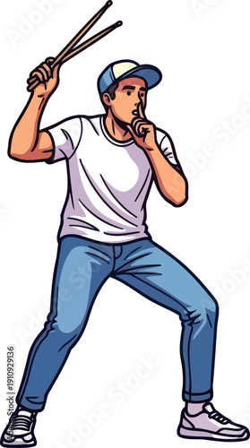 Creative male drummer holding drumsticks and making a shushing gesture for silence and mystery