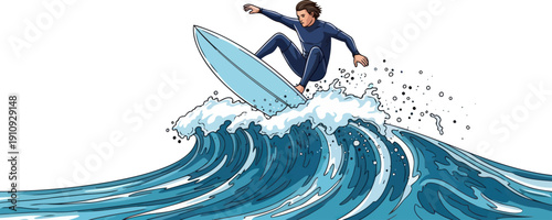 Daring male surfer riding a massive breaking wave with ocean spray on a sunny day