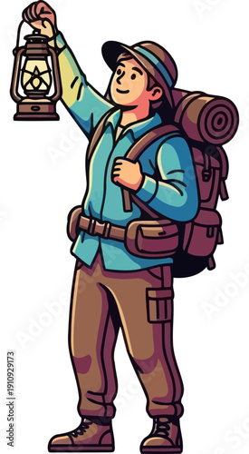 Curious male explorer holding up a lit lantern while wearing a backpack for night trekking