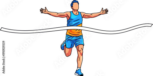 Determined male marathon runner breaking through finish line tape to win competitive athletic race