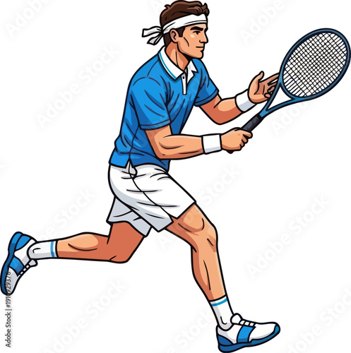 Energetic male tennis player running across the court with a racket ready for action