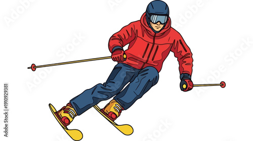 Fast downhill skier in a vibrant red jacket carving through snow with professional technique