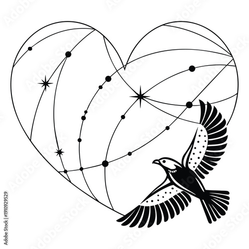 Celestial Heart Constellation and Flying Bird Love Icon