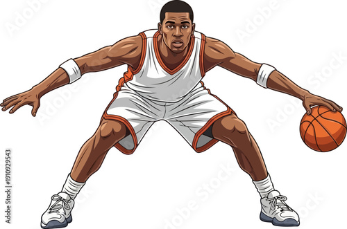 Powerful male basketball player dribbling ball low to ground during a fast paced game