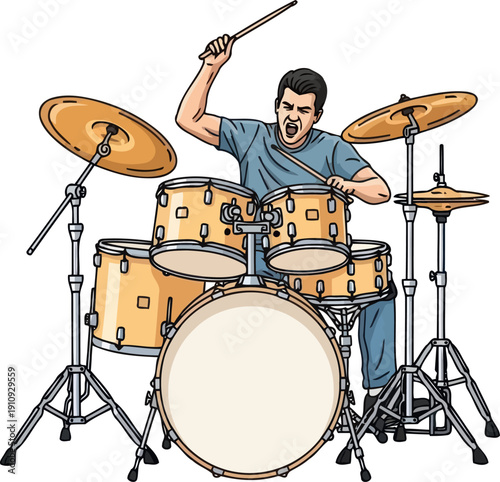 Passionate male musician playing drums with high energy during a live rock concert performance