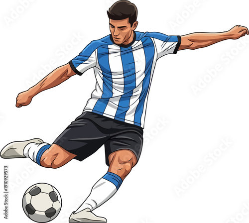Powerful soccer player in blue and white striped jersey kicking a ball with force
