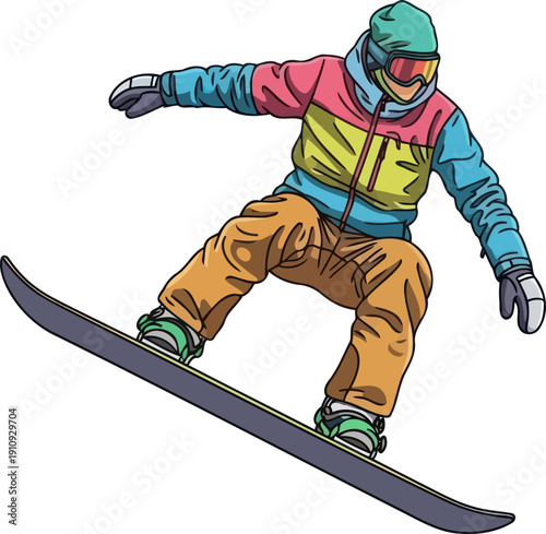 Skilled male snowboarder performing aerial jump trick in colorful winter gear on white background