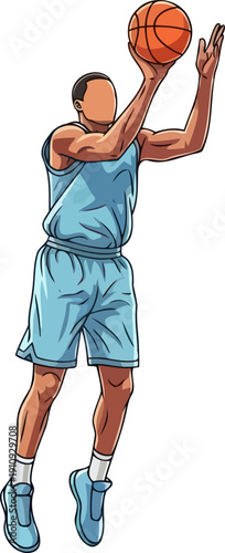 Skilled basketball player in light blue uniform jumping to take a high precision jump shot