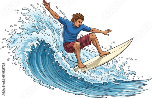 Skillful male surfer riding a massive blue ocean wave with dynamic water splashes and energy