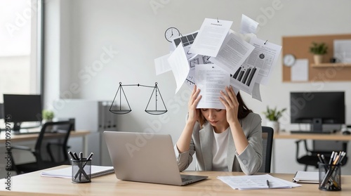 A stressed businesswoman overwhelmed with paperwork at her office desk