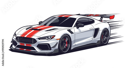 High-performance silver sports car with red stripes speeding on a track from a low-angle viewpoint