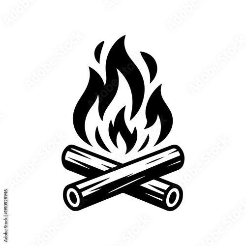 A clean black and white vector illustration of a campfire with burning logs and flickering flames. Minimalist high-contrast outdoor graphic isolated on a white background.