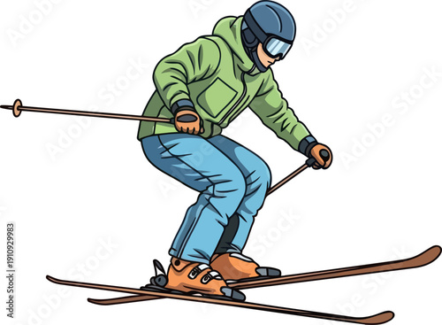 Skillful male skier in a green jacket skiing downhill with poles and winter equipment