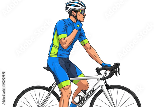 Vibrant male cyclist in blue gear riding road bike for cardio fitness and endurance