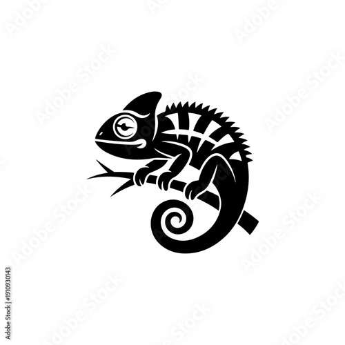 A sleek black and white vector illustration of a chameleon perched on a branch. Features a curled tail and bold striped patterns in a clean, minimalist graphic style.