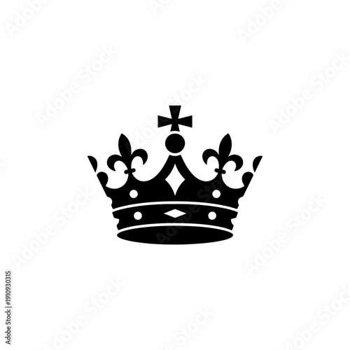 A majestic black and white vector illustration of a royal crown featuring fleur-de-lis elements and a cross on top. A clean, high-contrast heraldic symbol on a white background.