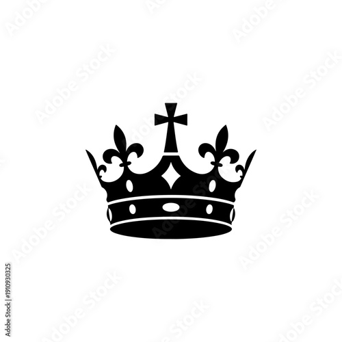 A majestic black and white vector illustration of a royal crown featuring fleur-de-lis elements and a cross on top. A clean, high-contrast heraldic symbol on a white background.