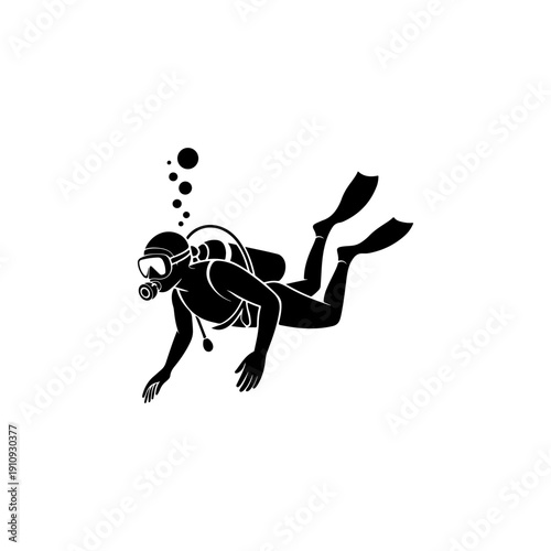 A clean black and white vector silhouette of a scuba diver swimming underwater. High-contrast athletic graphic featuring a mask, fins, and air bubbles on a white background.