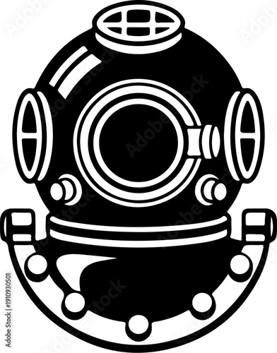 A bold black and white vector illustration of a classic deep-sea diver's helmet. A clean, high-contrast nautical equipment icon isolated on a white background.