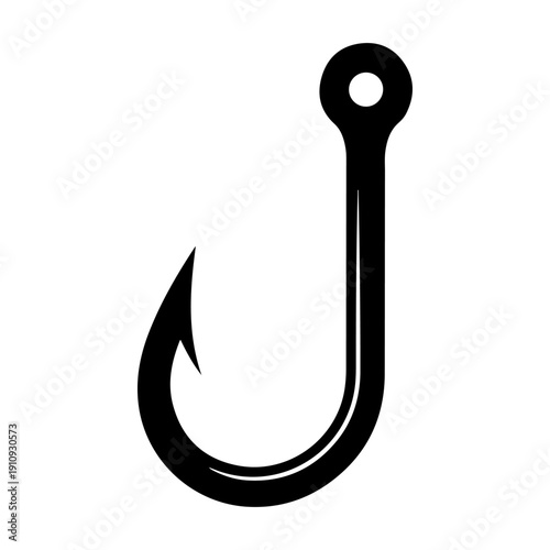 A clean black and white vector illustration of a classic sharp fishing hook. A minimalist, high-contrast graphic icon of angling equipment isolated on a white background.