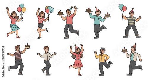 Cartoon People Celebrating with Party Hats.