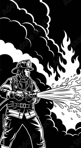Firefighter fighting a fire with a powerful jet of water from a hose in a dramatic black and white illustration