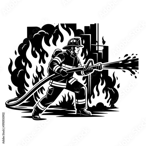 Valiant firefighter battling a blazing urban inferno with a hose, embodying courage and essential emergency response for public safety