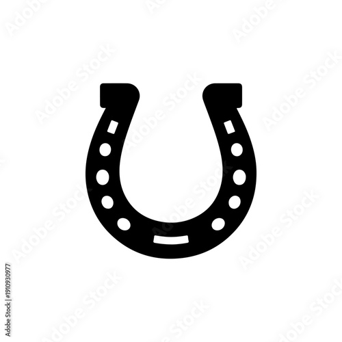 A clean black and white vector illustration of a classic horseshoe. Minimalist high-contrast graphic symbol of good luck and equestrian gear on a white background.
