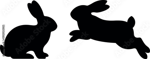Set of professional black rabbit vector silhouettes featuring an adorable sitting bunny and a jumping rabbit isolated on white.