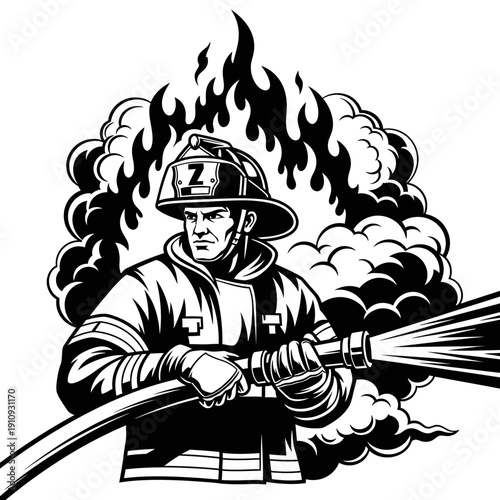 A dedicated firefighter hero in action, bravely confronting a roaring blaze and spraying water from a hose, symbolizing courage and resilience