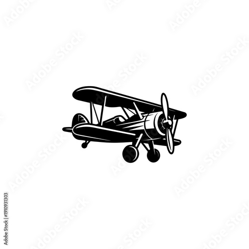 A detailed black and white vector illustration of a vintage biplane with a propeller. A clean, high-contrast retro aviation icon isolated on a white background.