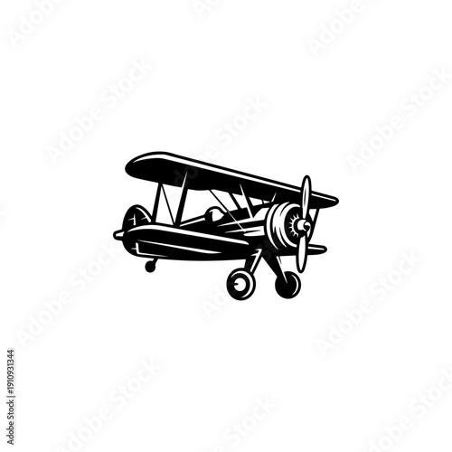 A detailed black and white vector illustration of a vintage biplane with a propeller. A clean, high-contrast retro aviation icon isolated on a white background.