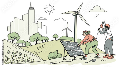 Solar panels and wind turbines with green city skyline, flat vector illustration, eco friendly theme, bright clean colors, white background