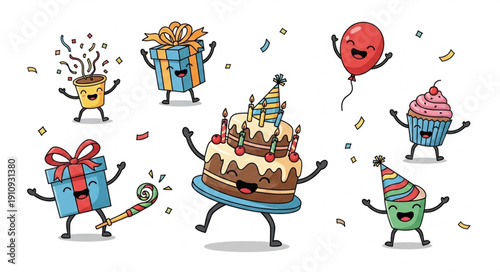 Cartoon Characters Celebrating Birthday Party.