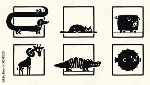 Whimsical Animal Silhouettes Set Funny Constraints and Geometric Frames