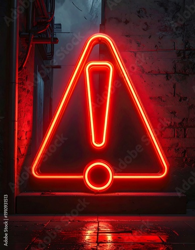 Red neon exclamation point inside a triangle on a tiled floor