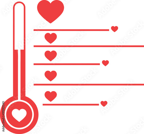 Red thermometer progress chart vector illustration with heart icons, fundraising donation tracker design for charity support achievement milestones