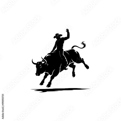 A dynamic black and white vector silhouette of a cowboy riding a bucking bull. A high-contrast graphic representing rodeo sports and western culture on a white background.