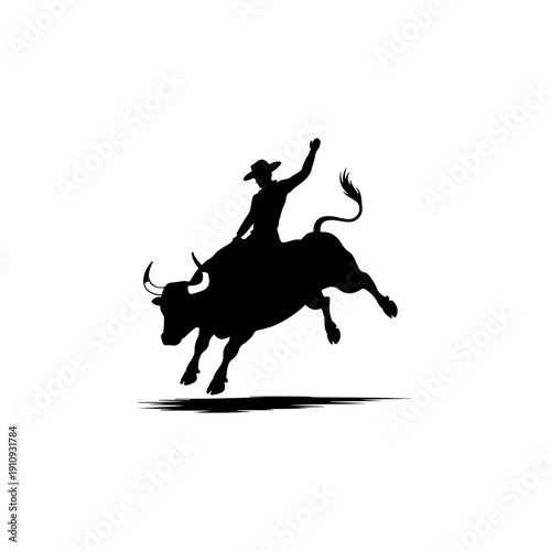 A dynamic black and white vector silhouette of a cowboy riding a bucking bull. A high-contrast graphic representing rodeo sports and western culture on a white background.