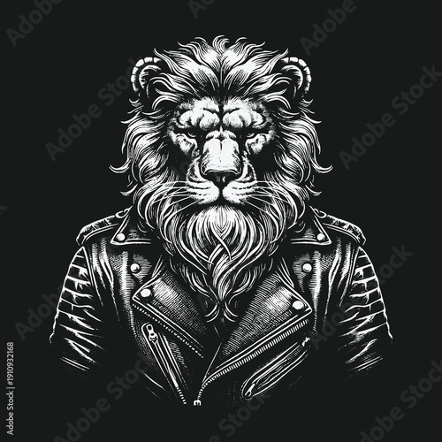 Lion in Leather Jacket: A Bold and Stylish Animal Portrait.